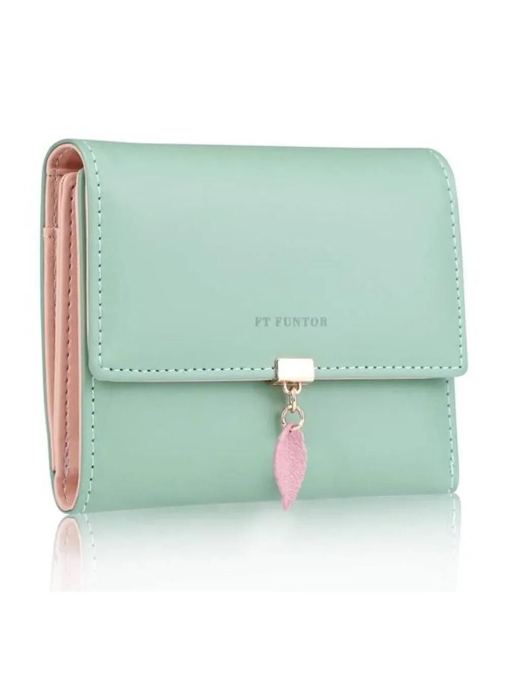 Leaf Trifold Wallet Light Blue RFID Zipper Pocket Ladies